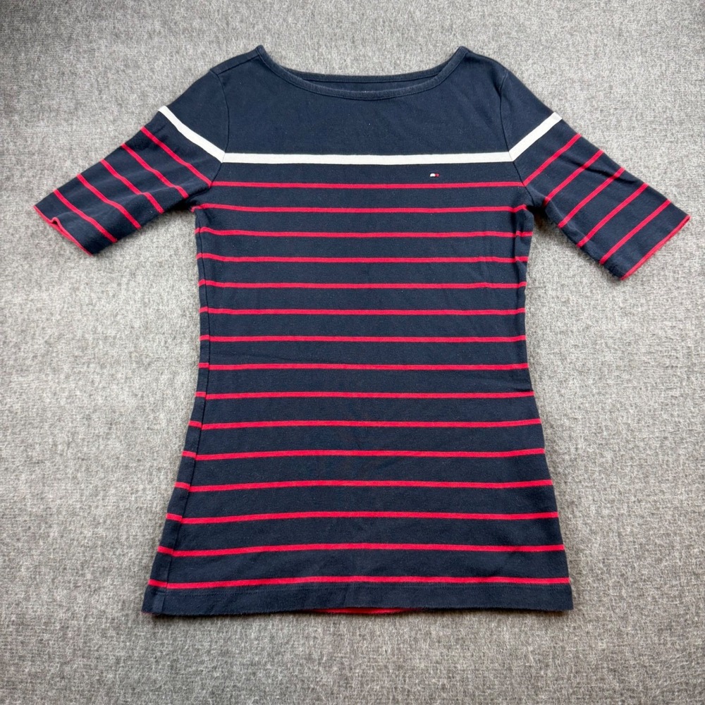 Tommy Hilfiger Striped Top Women's XS Navy Red Boat Neck Elbow Sleeve Knit Shirt